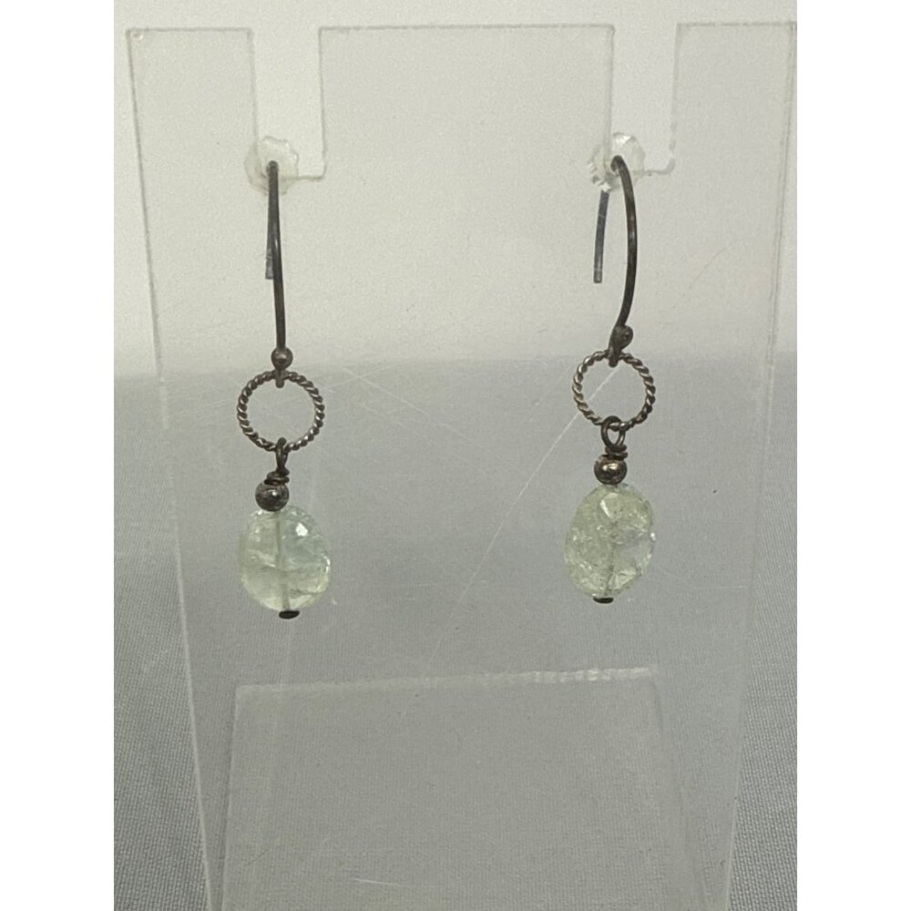 Dangle Earrings With Green Gemstone Beads & Oxidized Silver Hoops